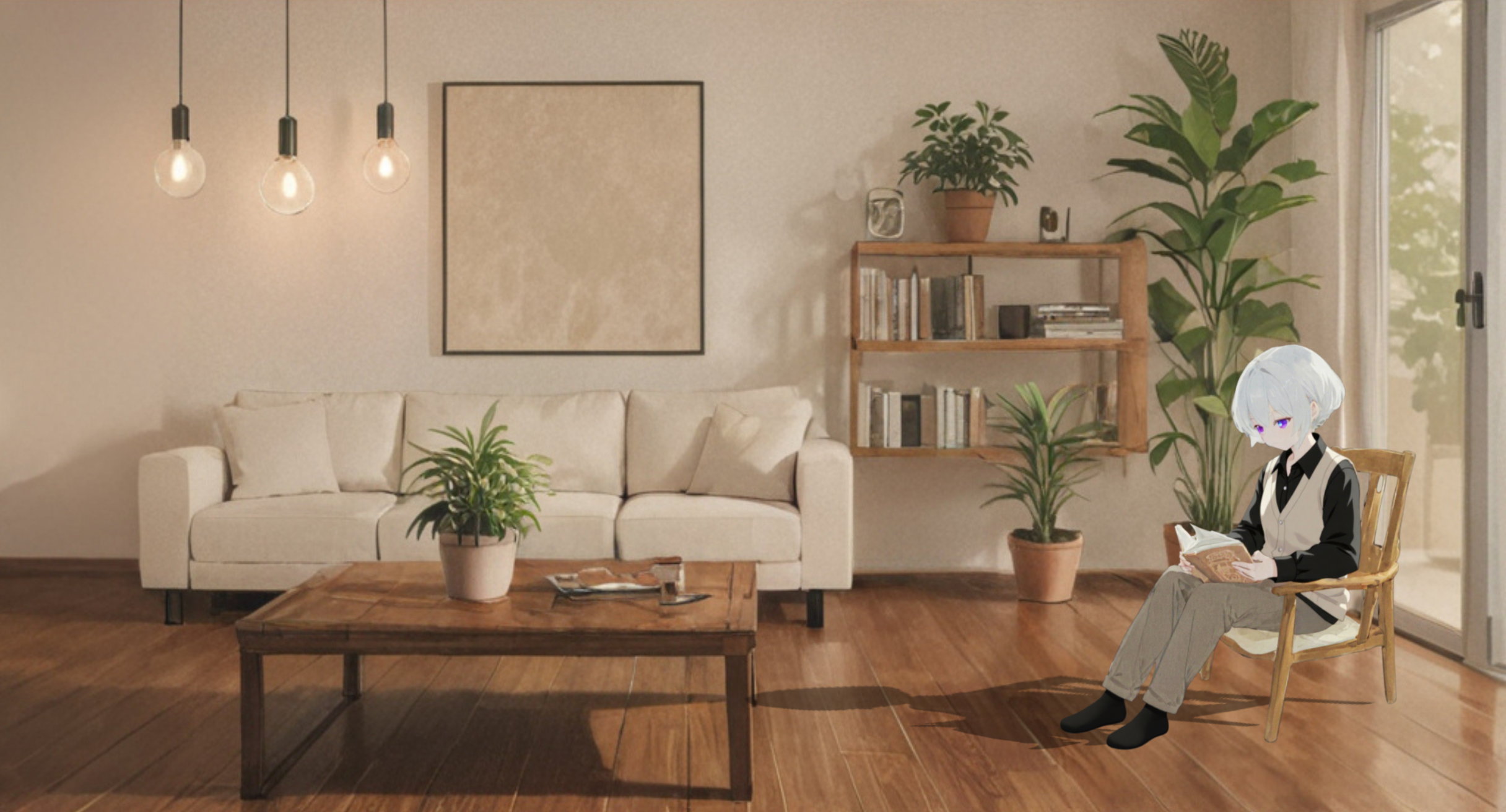 An androgynous character reading in a natural-style living room with indoor plants and wooden furniture.